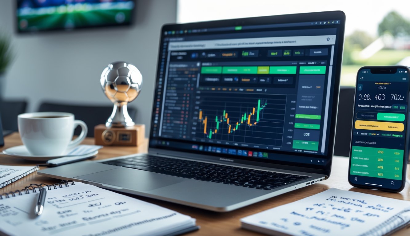 Sebuah meja kerja dengan laptop yang menampilkan statistik sepak bola, ponsel dengan aplikasi tips taruhan, buku catatan dengan tulisan tangan, dan secangkir kopi.