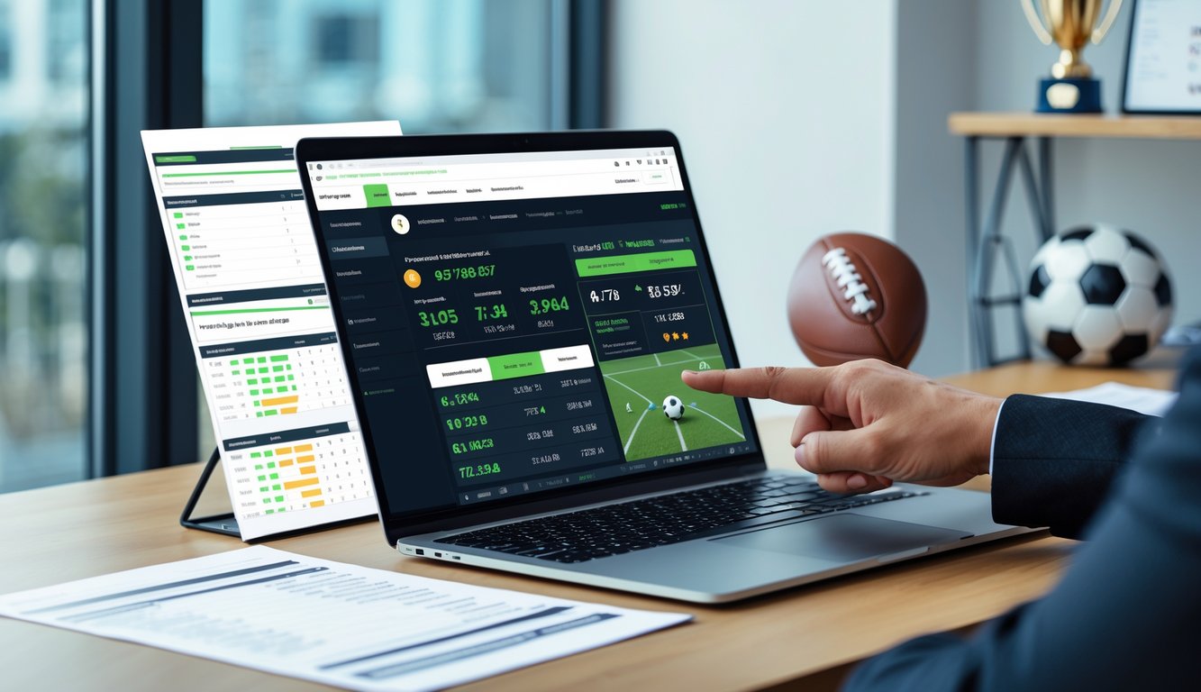 Seorang pria di ruang kerja yang modern sedang melihat layar laptop dengan statistik pertandingan sepak bola dan grafik taruhan, dengan tangan menunjuk ke layar, dikelilingi oleh dokumen dan dekorasi bertema sepak bola.