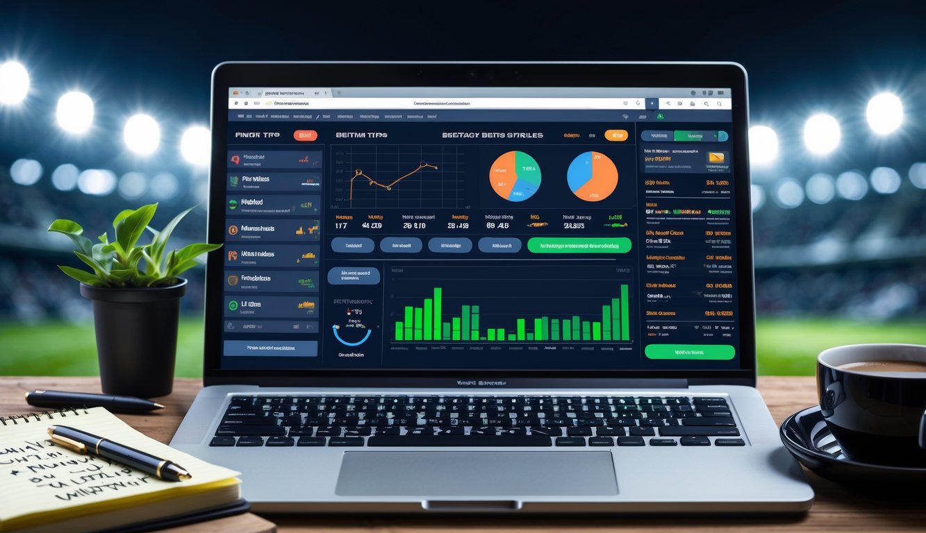 Meja kerja dengan laptop yang menampilkan statistik pertandingan sepak bola, buku catatan, ponsel, dan cangkir kopi, dengan latar belakang stadion sepak bola yang samar.
