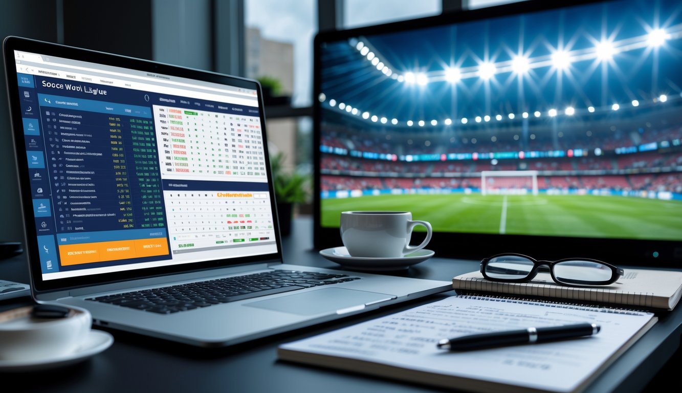 Meja kerja dengan laptop, ponsel, dan catatan yang menampilkan statistik dan prediksi pertandingan sepak bola, dengan latar belakang stadion sepak bola yang ramai.