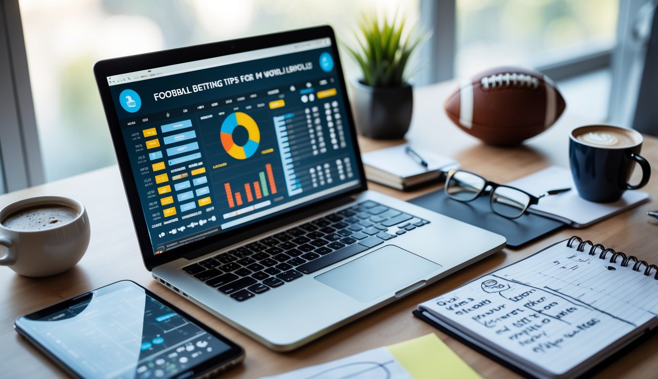 Meja kerja dengan laptop, smartphone, catatan, dan bola sepak yang menunjukkan suasana perencanaan taruhan bola.