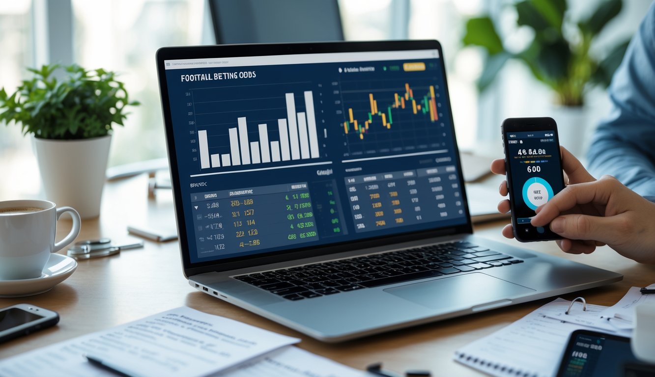 Seseorang sedang menganalisis data taruhan bola di depan laptop di ruang kerja yang rapi.