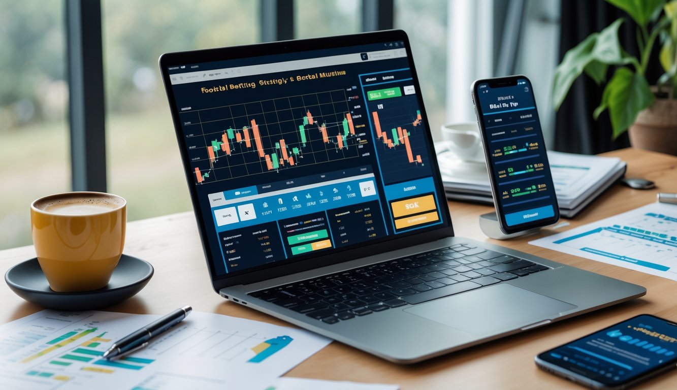 Meja kerja dengan laptop yang menampilkan situs taruhan bola, kertas dengan grafik dan catatan, smartphone, cangkir kopi, dan tanaman kecil.