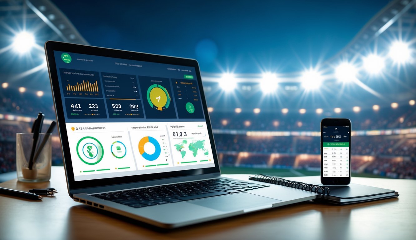 Meja kerja modern dengan laptop, ponsel, dan catatan, menampilkan informasi terkait taruhan bola dan prediksi harian.