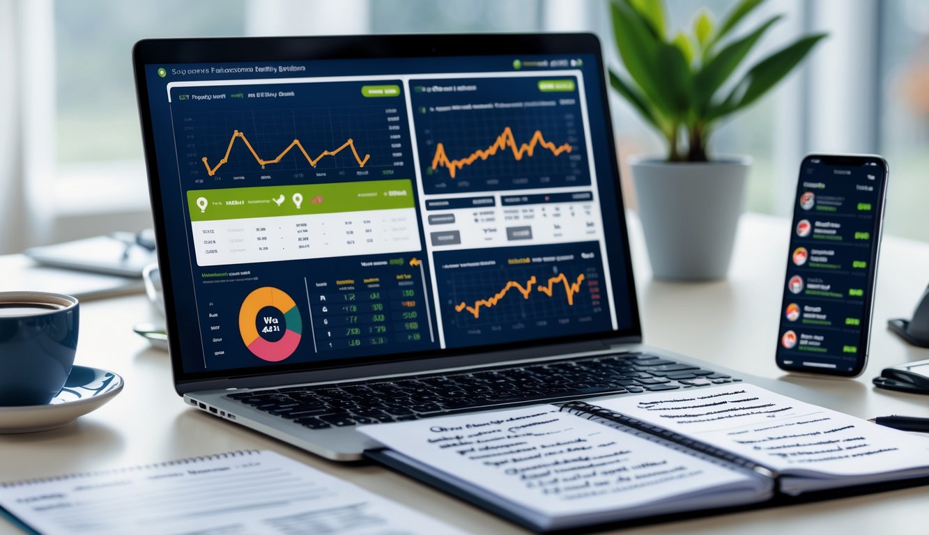 Meja kerja modern dengan laptop, ponsel, dan catatan yang menampilkan data dan strategi taruhan sepak bola.