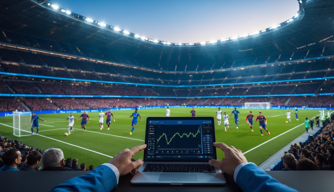 Seorang analis olahraga sedang bekerja dengan laptop di stadion sepak bola besar saat pertandingan Liga Champions berlangsung.