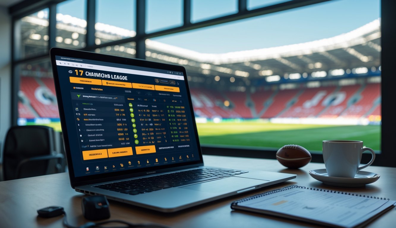 Seseorang bekerja dengan laptop yang menampilkan statistik pertandingan sepak bola dan peluang taruhan, dengan stadion sepak bola terlihat di latar belakang.