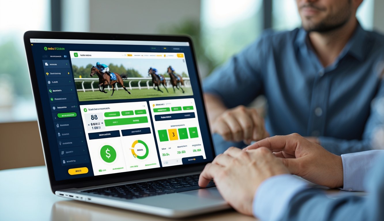 Seseorang menggunakan laptop atau ponsel untuk memasang taruhan balap kuda secara online dengan tampilan antarmuka yang modern dan mudah digunakan.