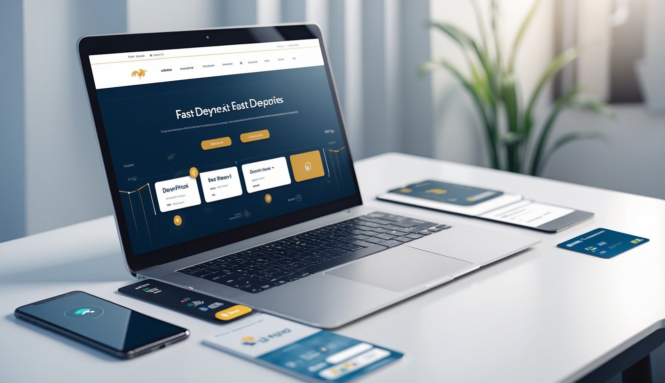 Seorang pria menggunakan laptop di meja kerja dengan tampilan situs balap kuda online dan simbol transaksi digital di sekitarnya.