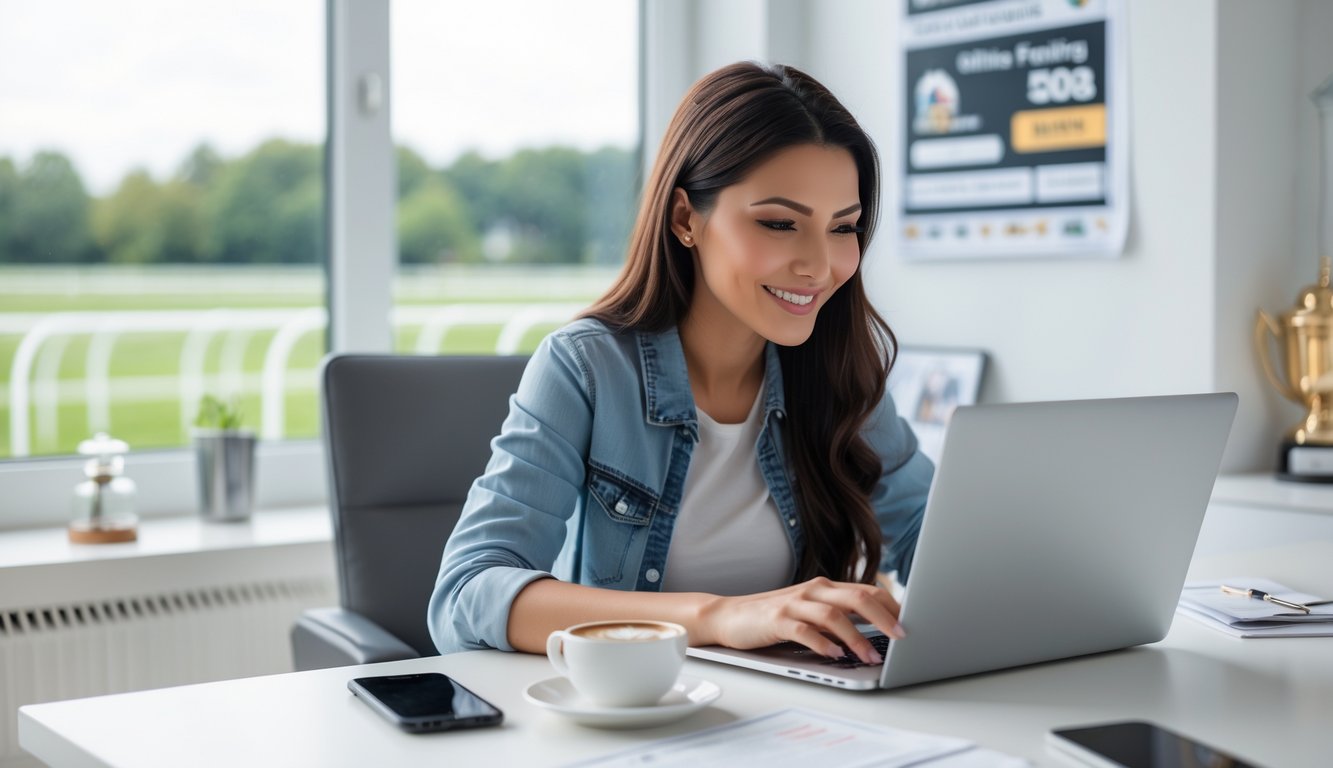 Seorang wanita muda menggunakan laptop di meja modern dengan cahaya alami, fokus belajar cara daftar balap kuda online dan melakukan deposit cepat.