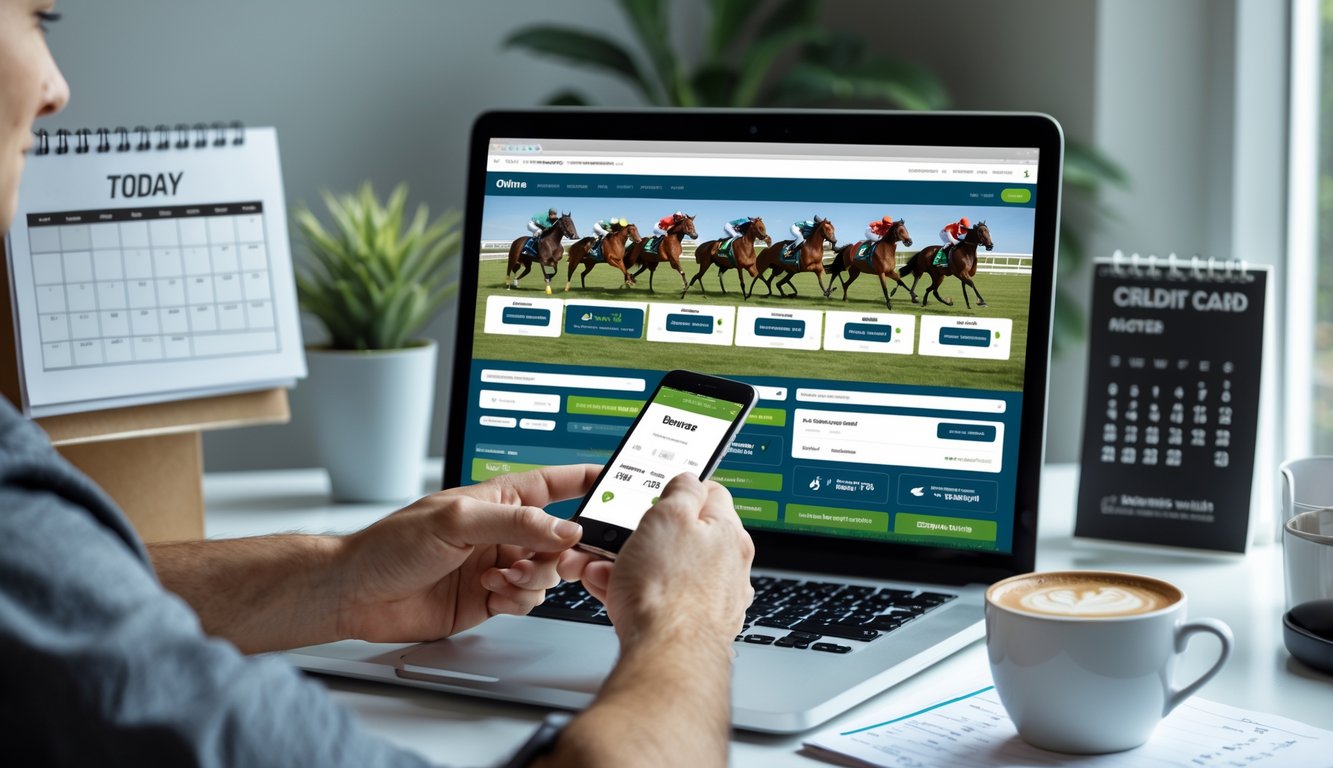Seseorang sedang menggunakan laptop dan smartphone untuk mendaftar balap kuda online dengan suasana kerja yang rapi.