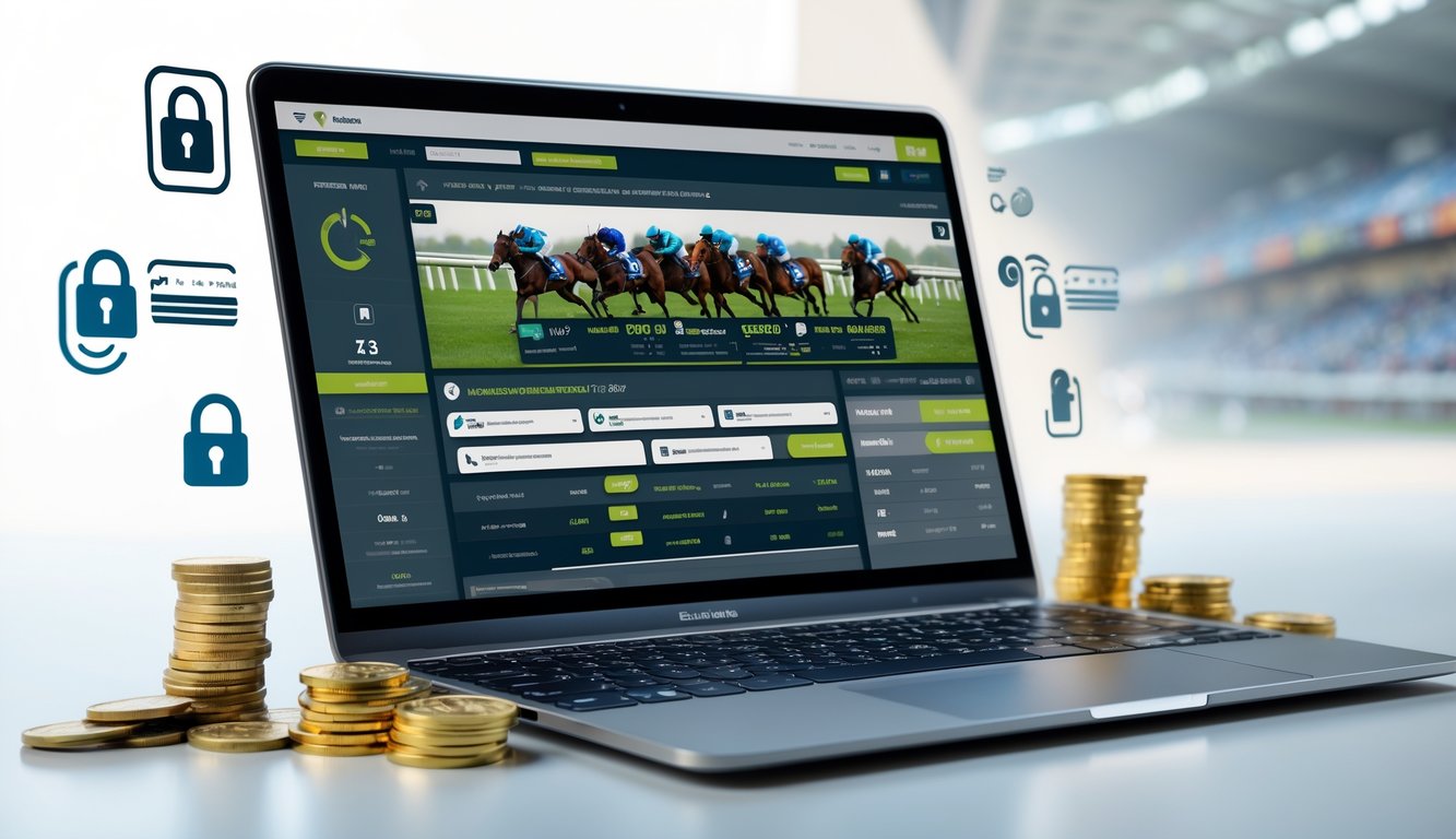 Seseorang menggunakan perangkat digital untuk memasang taruhan balap kuda online dengan simbol pembayaran cepat dan aman di sekitar perangkat.