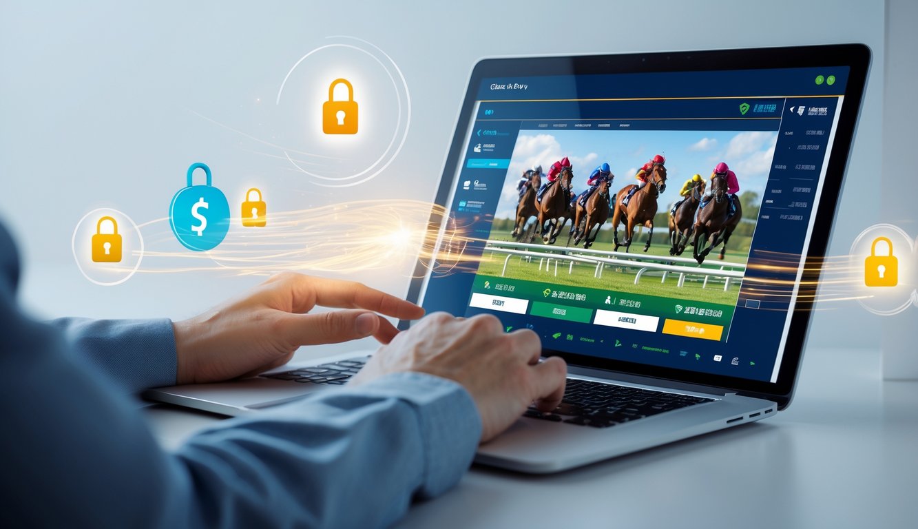 Sebuah perangkat digital menampilkan antarmuka taruhan balap kuda dengan simbol keamanan dan kecepatan di sekitarnya.