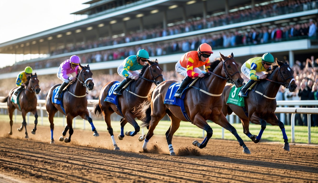 Beberapa kuda pacu dengan joki berwarna-warni berlari cepat di lintasan balap kuda dengan penonton di tribun belakang.