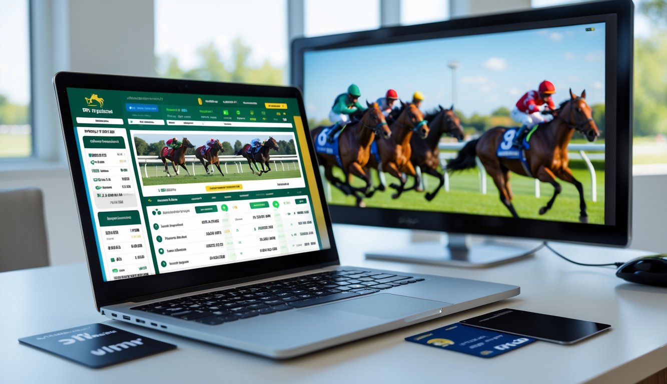Seorang pengguna di depan laptop dengan tampilan situs balap kuda online, dikelilingi smartphone dan kartu kredit, dengan layar besar menampilkan balapan kuda yang sedang berlangsung.