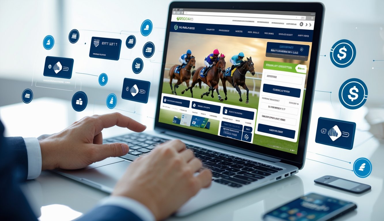Seseorang menggunakan laptop untuk taruhan balap kuda online dengan ikon pembayaran digital di sekitar layar.
