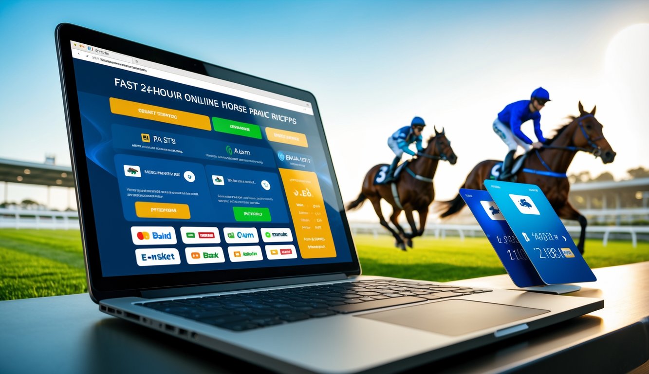 Seseorang menggunakan perangkat digital untuk memasang taruhan balap kuda online dengan latar belakang balapan kuda yang sedang berlangsung.