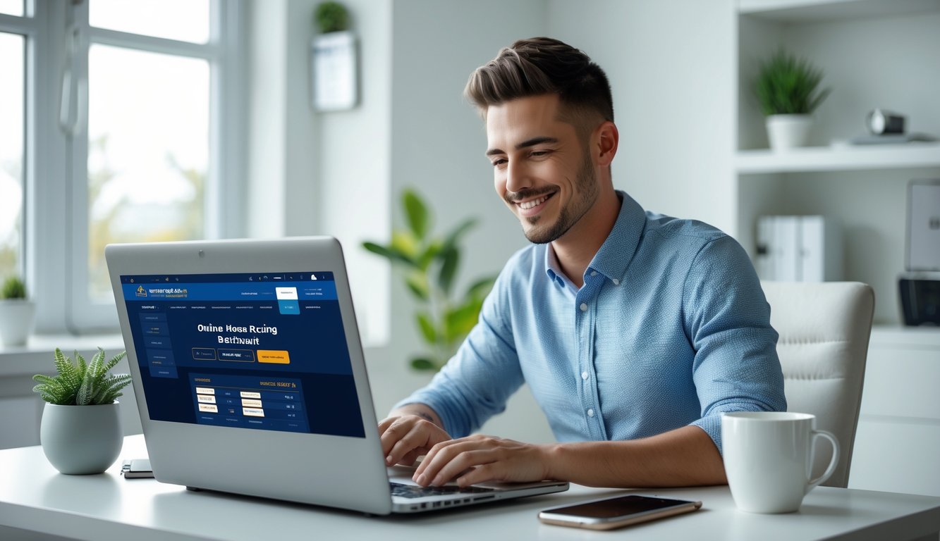 Seorang pria muda duduk di meja dengan laptop, terlihat fokus dan tersenyum, di ruangan kantor rumah yang terang dengan cahaya alami.