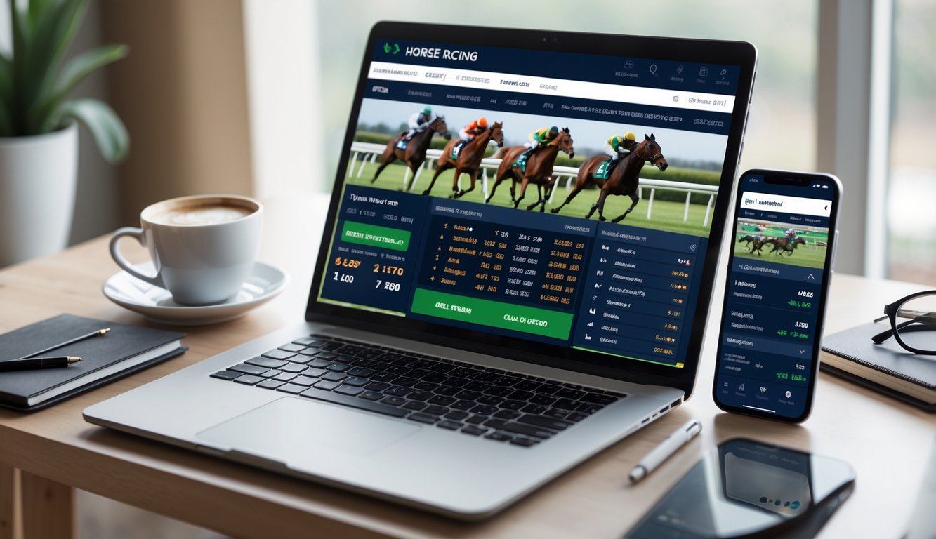 Meja kerja dengan laptop dan ponsel yang menampilkan situs taruhan balap kuda online, dilengkapi dengan cangkir kopi, buku catatan, dan kacamata.