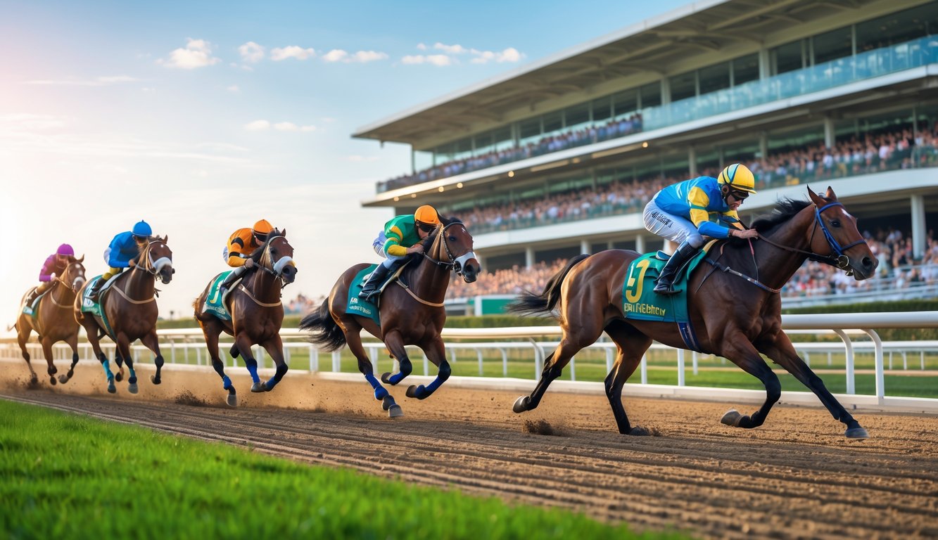 Beberapa kuda pacuan dengan joki sedang berlari kencang di lintasan balap dengan tribun penonton penuh di latar belakang dan seseorang menggunakan ponsel untuk memasang taruhan online.