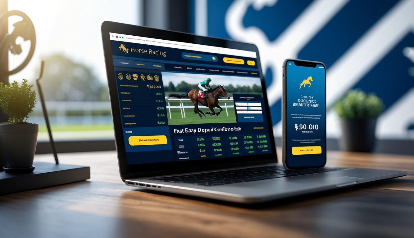 Seseorang menggunakan laptop dan ponsel untuk memasang taruhan balap kuda secara online dengan tampilan konfirmasi deposit cepat.