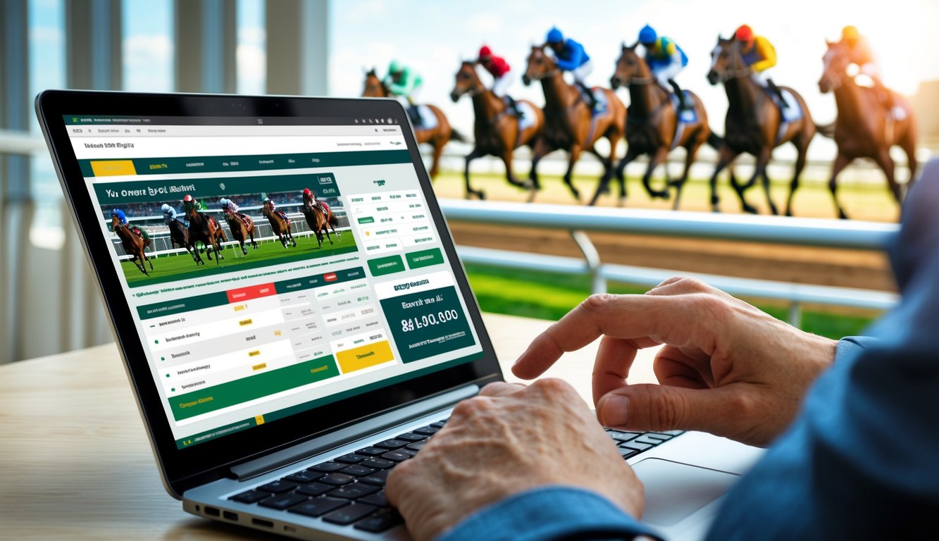 Seseorang menggunakan perangkat digital untuk memasang taruhan balap kuda online dengan latar belakang kuda-kuda yang sedang berlomba di lintasan.