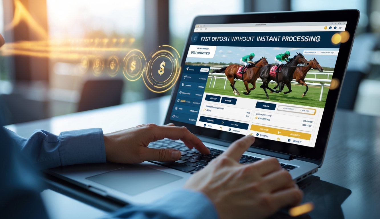 Seseorang menggunakan perangkat digital untuk memasang taruhan balap kuda secara online dengan latar belakang grafik balap kuda.