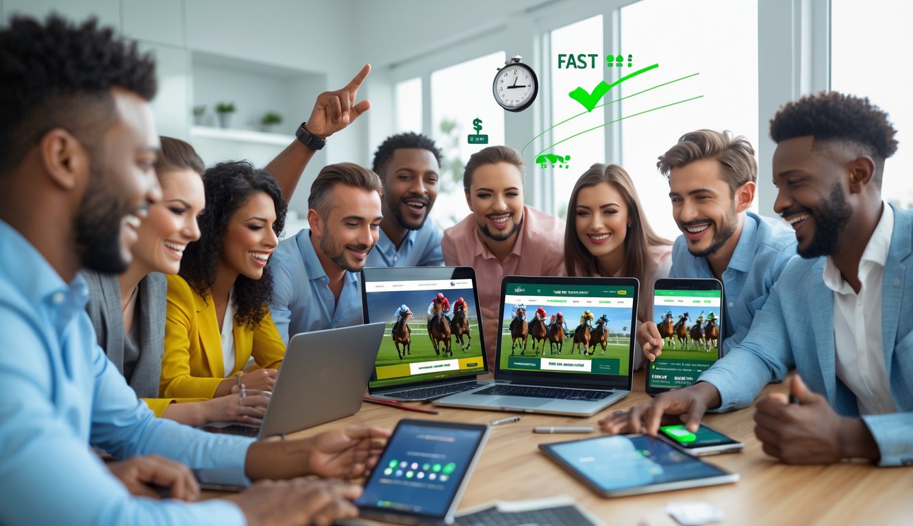 Sekelompok orang yang antusias menggunakan perangkat digital untuk memasang taruhan balap kuda secara online di lingkungan rumah atau kantor yang modern.