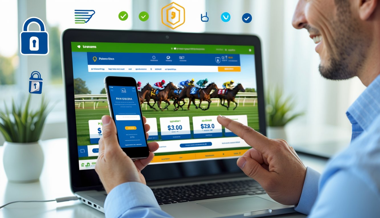 Seseorang menggunakan laptop dan ponsel untuk memasang taruhan balap kuda online dengan latar belakang suasana ruangan yang terang dan modern.