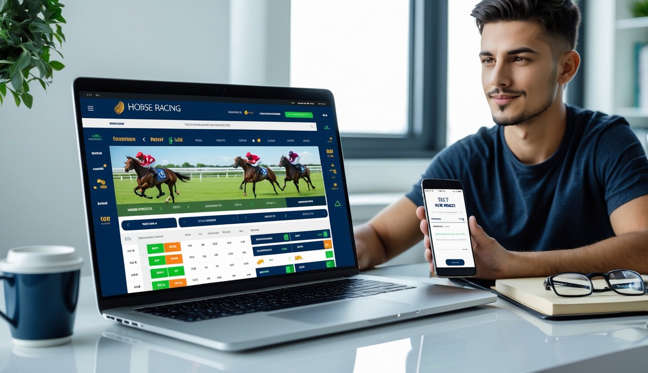 Seorang pria muda duduk di depan laptop yang menampilkan situs taruhan balap kuda online dengan ponsel di sampingnya, suasana kerja yang cerah dan fokus.