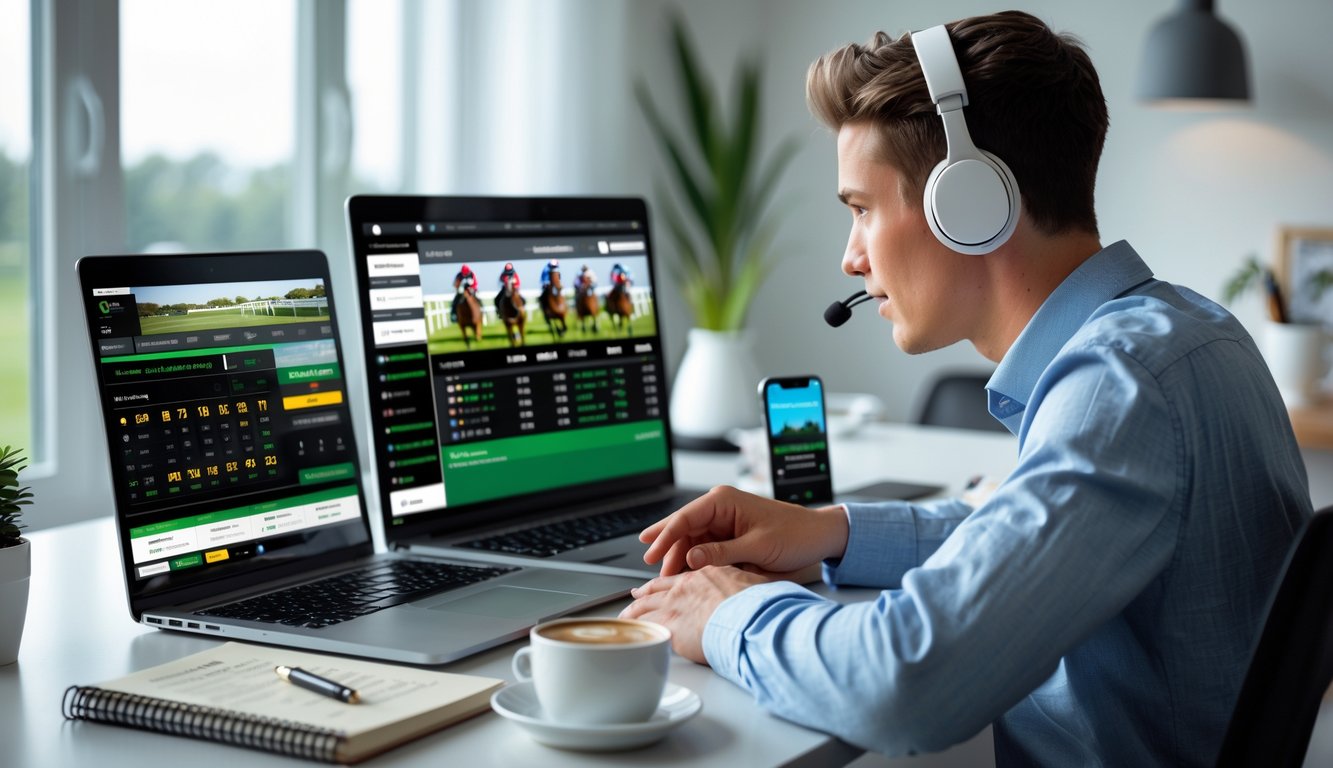 Seorang dewasa muda serius menggunakan laptop dan ponsel untuk memasang taruhan balap kuda online di ruang kerja yang rapi.