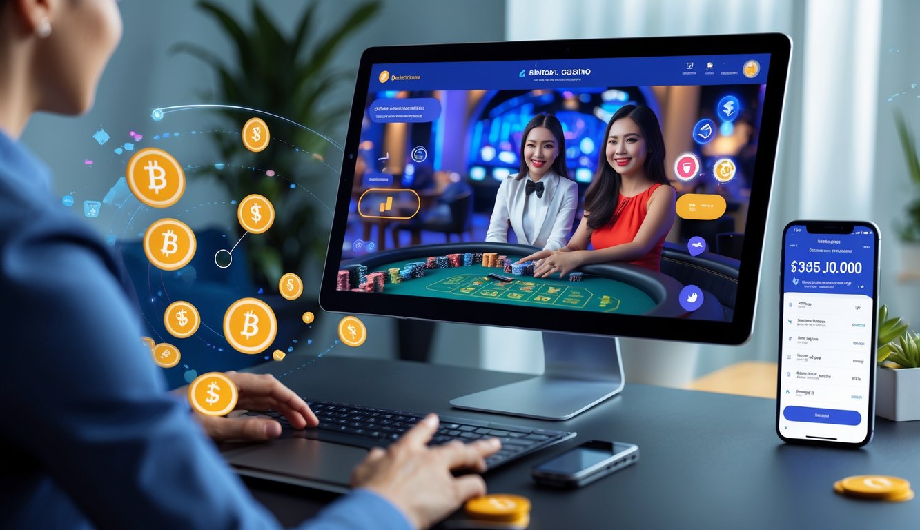 Seorang pemain menggunakan komputer dengan tampilan permainan kasino langsung dan simbol transaksi keuangan cepat di sekitarnya.