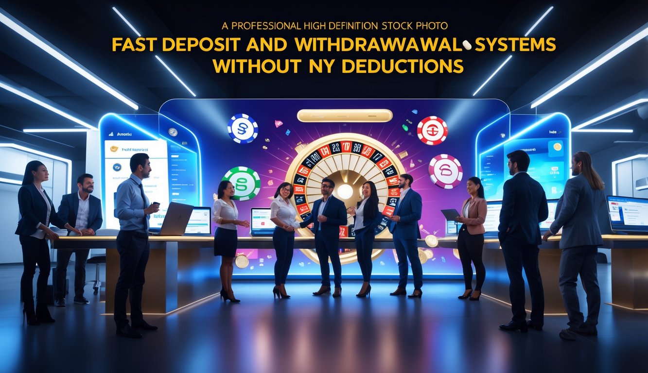 Orang-orang menggunakan perangkat digital untuk bermain kasino online dengan suasana modern dan profesional.