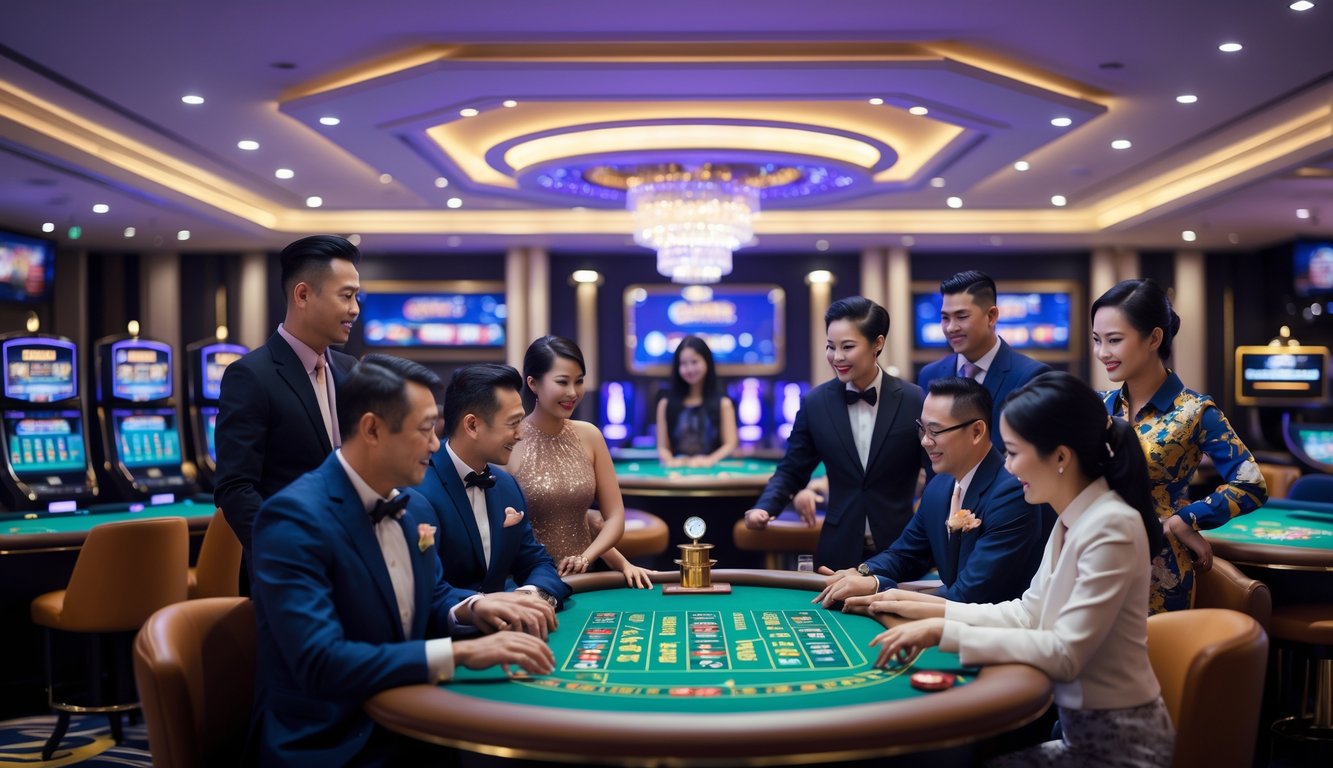 Sejumlah orang bermain permainan kasino langsung di ruangan kasino yang mewah dan terang, dengan dealer yang ramah dan suasana yang menyenangkan.