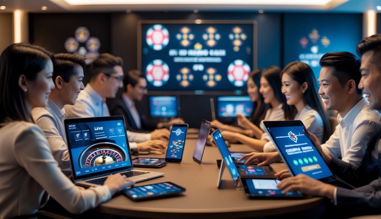 Beberapa orang menggunakan perangkat digital untuk bermain permainan kasino langsung secara online dalam suasana ruangan modern yang terang dan nyaman.