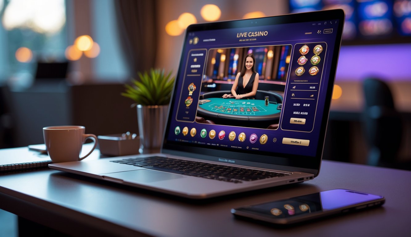 Seorang pengguna sedang bermain live casino online di komputer dengan dealer langsung di layar, di meja terdapat kopi dan ponsel.