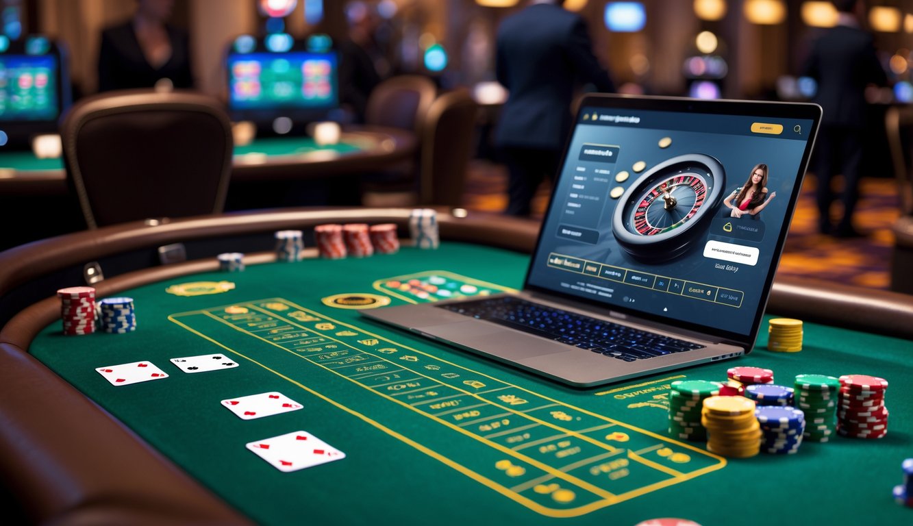 Suasana kasino langsung online dengan meja hijau, chip, kartu, dan dealer yang bermain secara virtual pada perangkat digital.