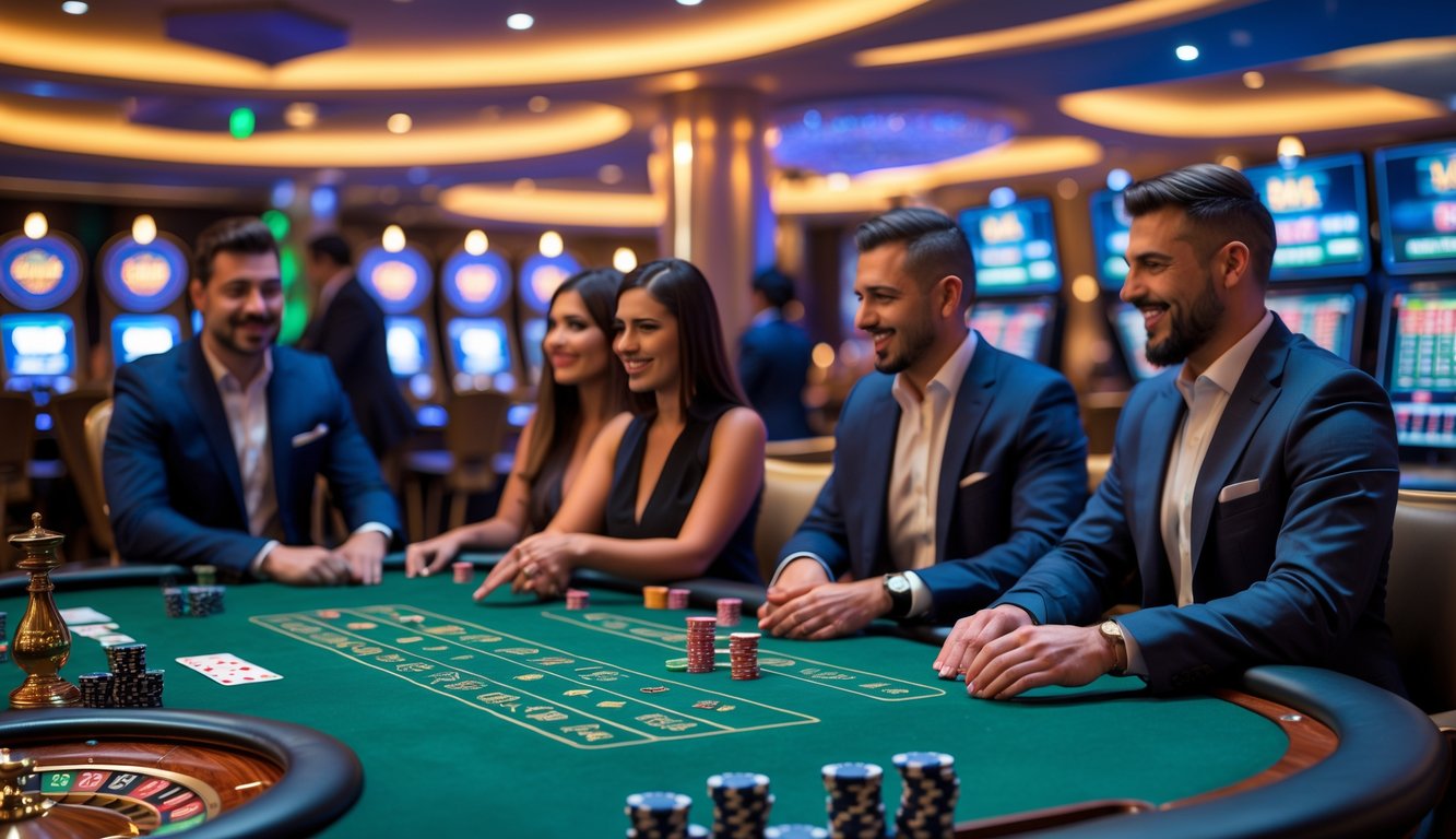 Suasana kasino langsung dengan meja hijau, chip poker, kartu bermain, dan roda roulette, dengan pemain dan dealer yang ramah di lingkungan yang terang dan modern.