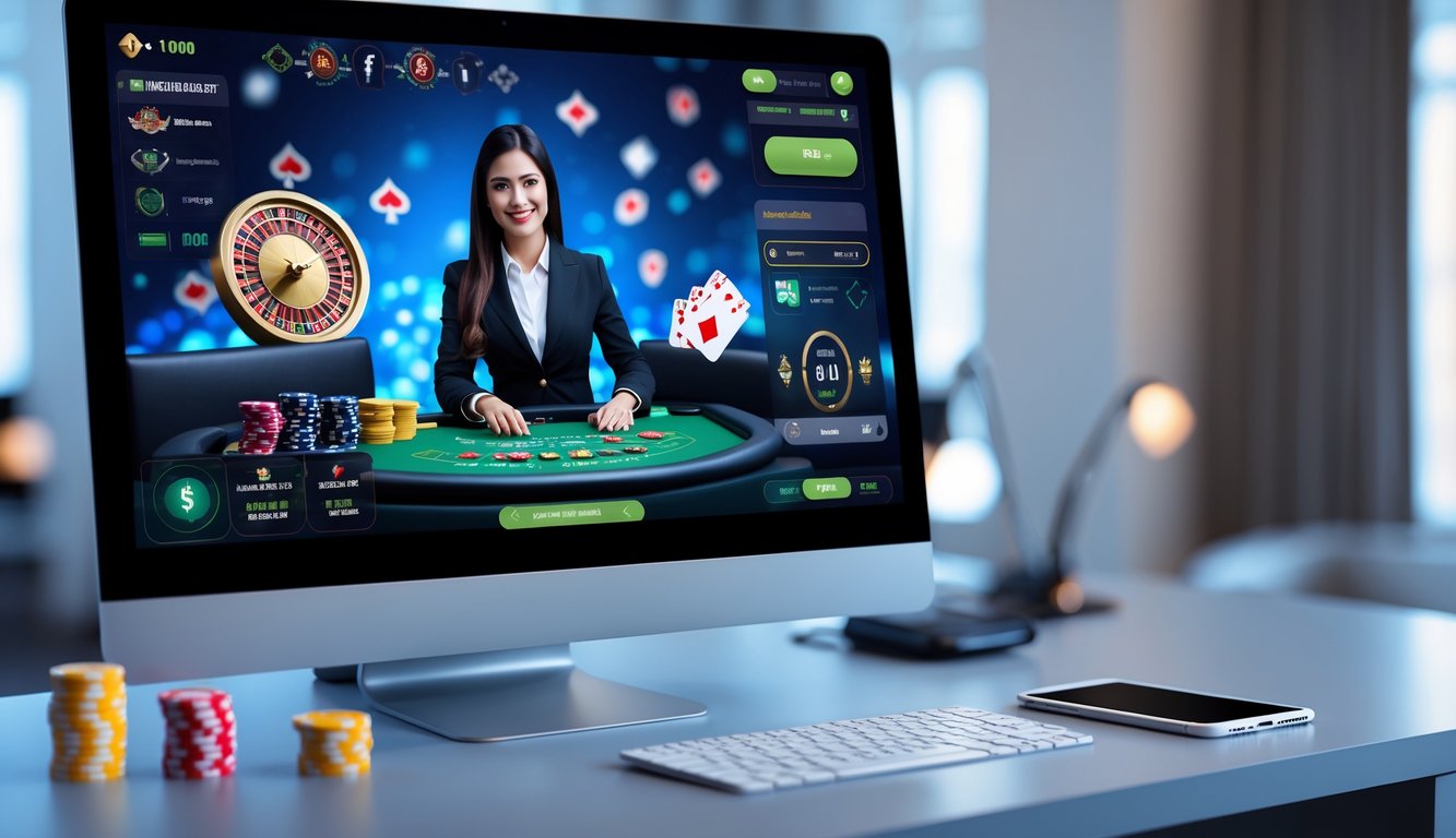 Seorang dealer live casino di depan layar komputer dan ponsel yang menampilkan permainan kasino online dengan chip dan kartu remi.