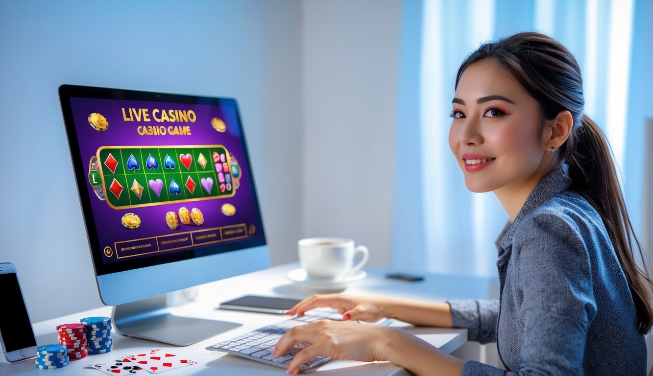 Seorang wanita muda duduk di depan laptop, bermain permainan kasino online dengan ekspresi fokus dan senang di sebuah ruangan yang terang dan nyaman.