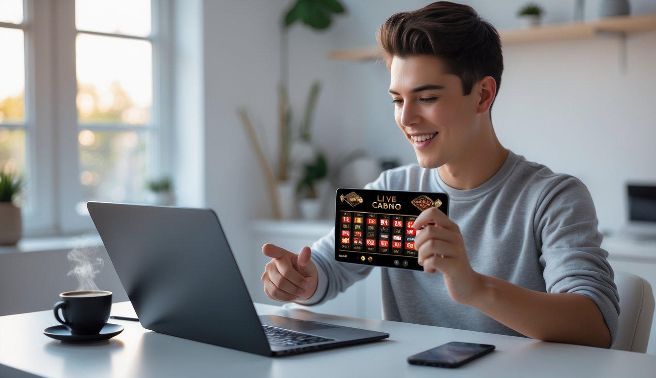 Seorang dewasa muda sedang bermain permainan kasino langsung secara online di laptop di dalam ruangan yang nyaman.