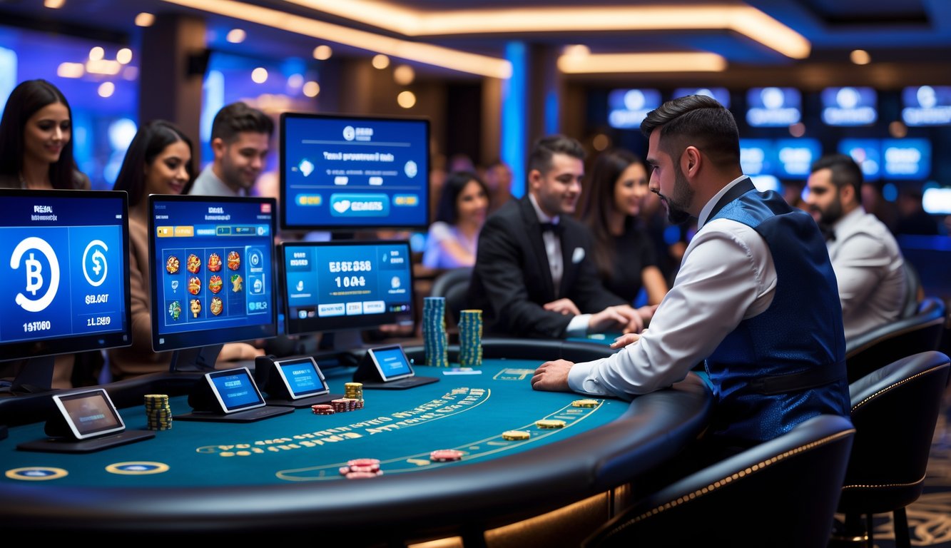 Suasana kasino langsung dengan dealer dan pemain yang sedang bermain, menampilkan layar digital dan konfirmasi pembayaran instan.