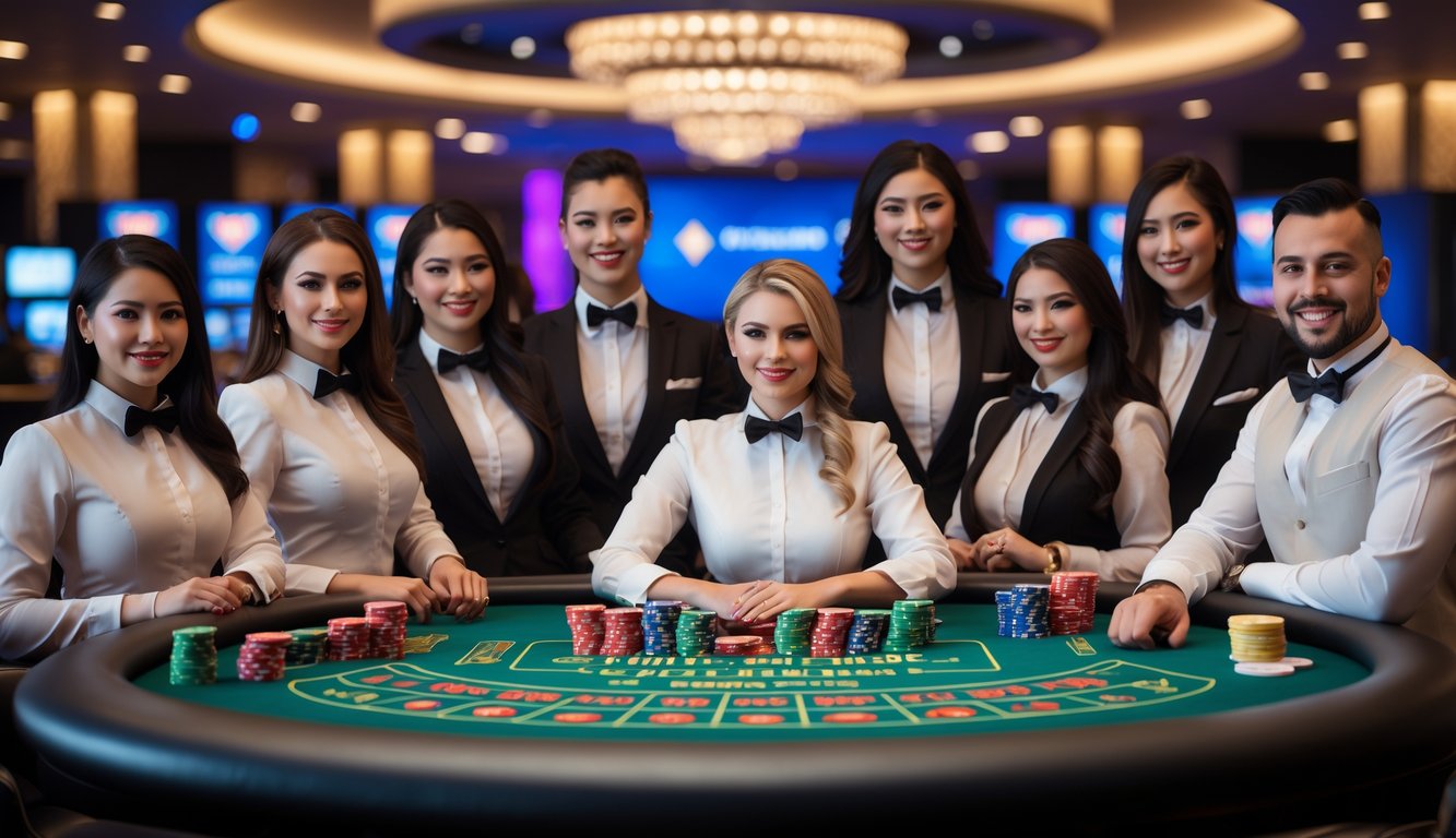 Sejumlah dealer profesional di meja kasino dengan berbagai permainan lengkap di latar belakang kasino mewah.