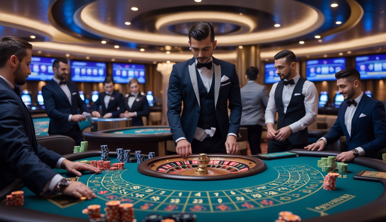 Seorang dealer profesional sedang mengelola permainan kasino langsung di meja dengan pemain dan peralatan permainan di latar belakang kasino mewah.
