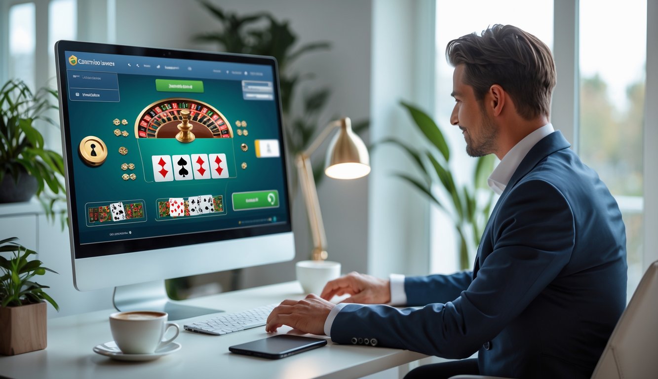 Seseorang duduk di depan komputer di ruang kerja modern, sedang menggunakan platform kasino langsung online dengan tampilan permainan kasino yang jelas.