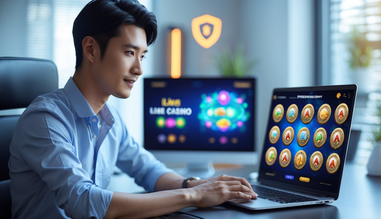 Seorang pria muda duduk di depan laptop dengan tampilan permainan kasino online langsung di layar, di ruangan kantor rumah yang modern dan terang.