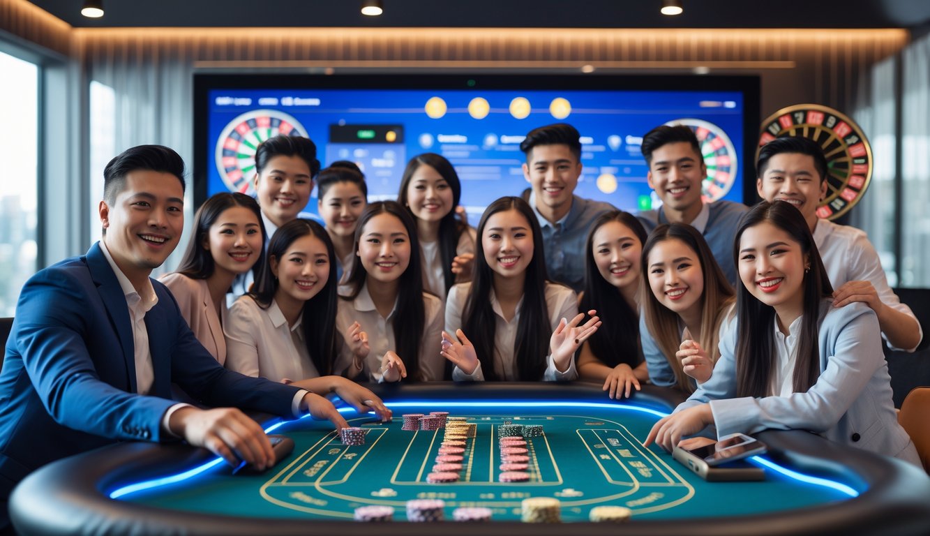 Sekelompok pemain muda yang tersenyum dan bermain game kasino online di depan layar komputer dan ponsel di ruangan yang terang dan modern.