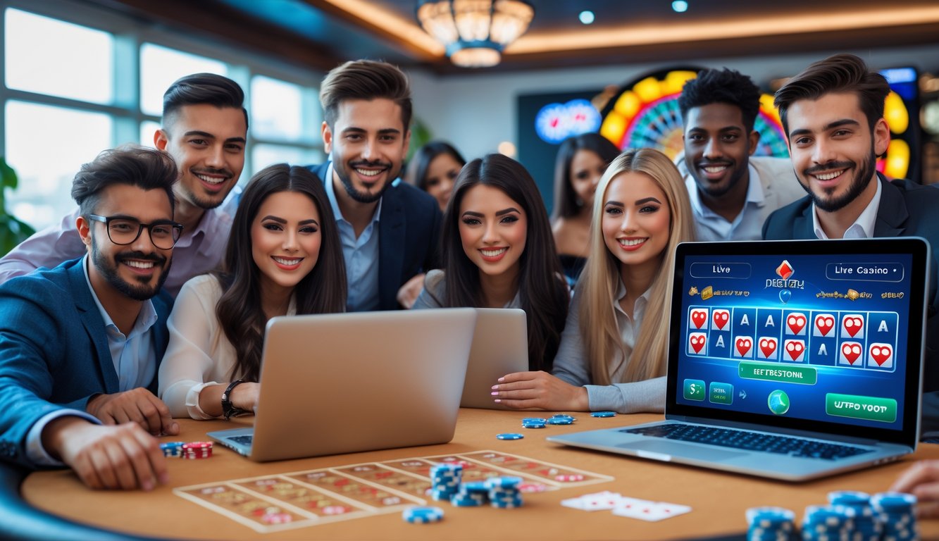 Sekelompok orang muda bermain permainan kasino langsung secara online dengan perangkat laptop dan ponsel di sebuah ruangan yang cerah dan nyaman.