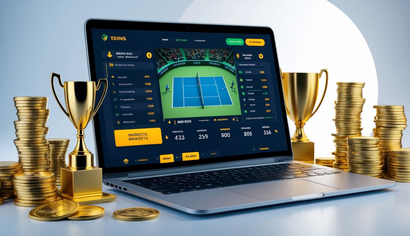 Seorang pengguna sedang melihat pertandingan tenis secara online di laptop dengan grafik taruhan dan simbol bonus di sekitar perangkat.