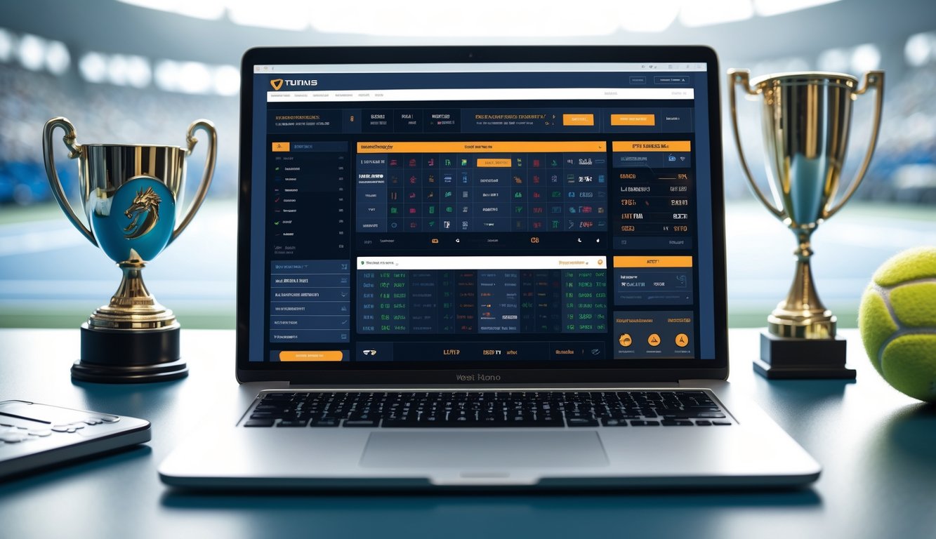 Sebuah meja kerja modern dengan laptop yang menampilkan antarmuka taruhan tenis online, dikelilingi simbol kepercayaan dan latar belakang lapangan tenis.